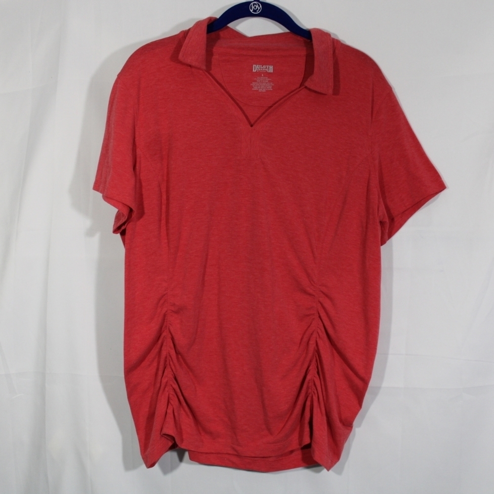 Duluth Trading Co. Coral Orange Ruched Polo Knit Top Short Sleeve Size Large